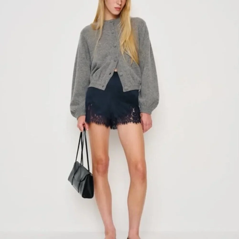 NEW Reformation Fern Midnight Navy Lace Trim Satin Shorts Elastic Waist | US S - Picture 3 of 11
